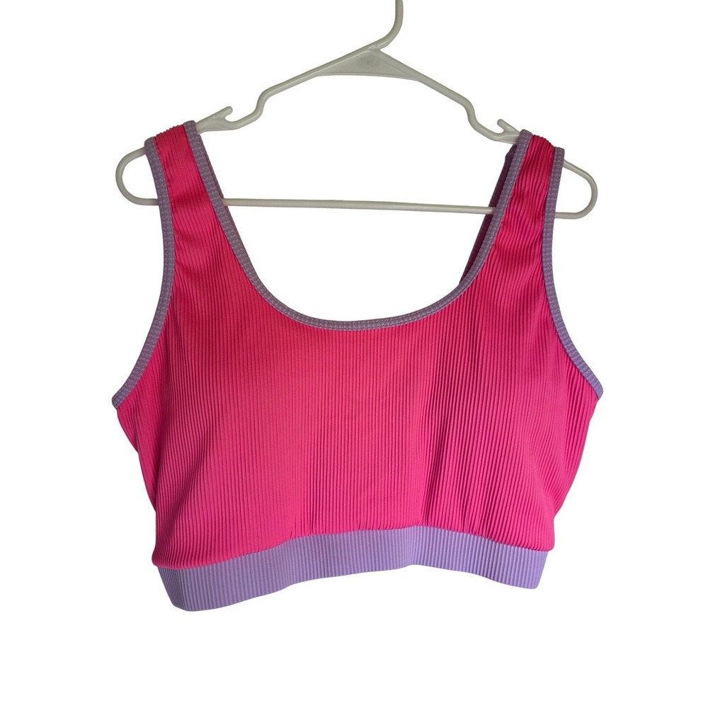 Tempt Me Neon Pink Ribbed Bikini Top Lavender Trim Scoop‎ Neck Swim  20W Padded
